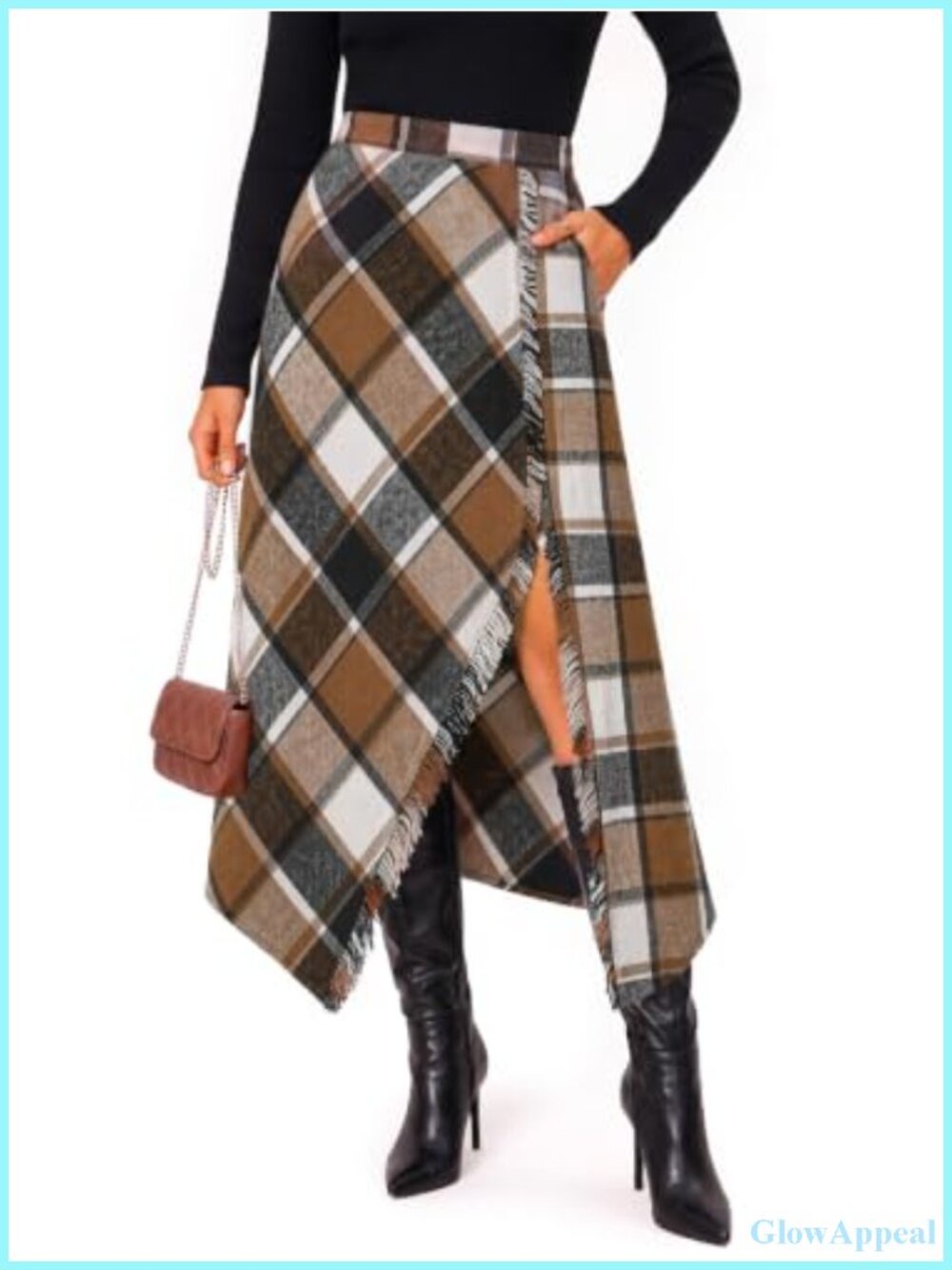 Plaid Midi Skirt Women Wrap Asymmetrical Hem High Waist A-Line Slit Tartan